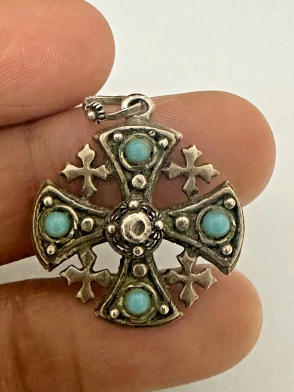 Vintage Jerusalem Cross Pendant Silver Tone Turquoise Stones 1 Inch